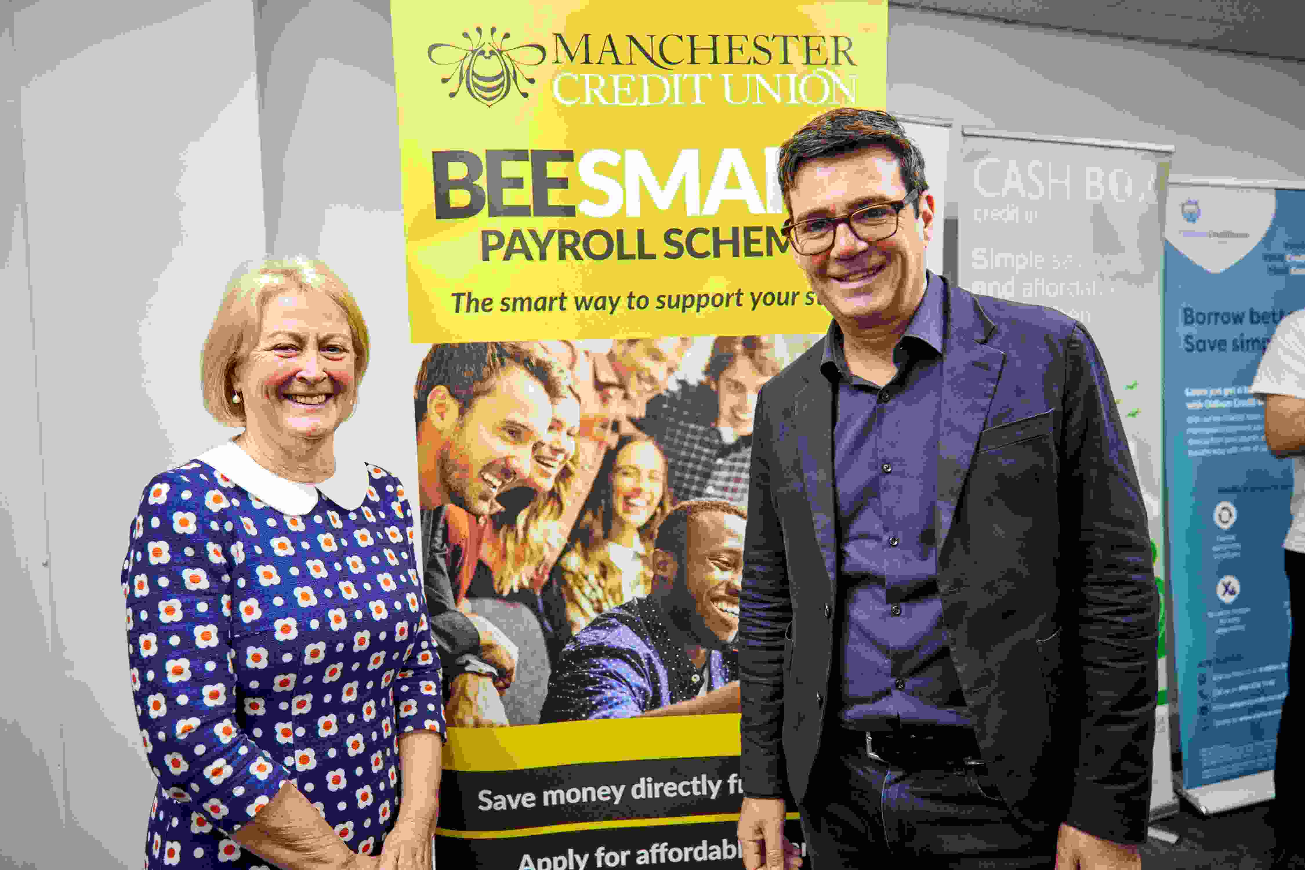 CEO of Manchester Credit Union, Christine Moore and Mayor of Greater Manchester, Andy Burnham.